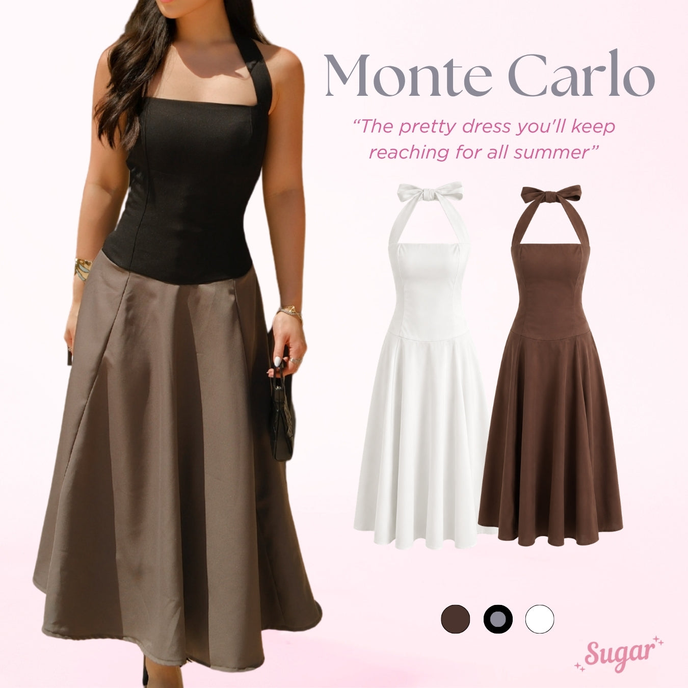 She Wears Sugar – Monte Carlo Dress | Midi Dress Wanita Halter Neck Dress Summer Dress Old Money Outfit Korean Style