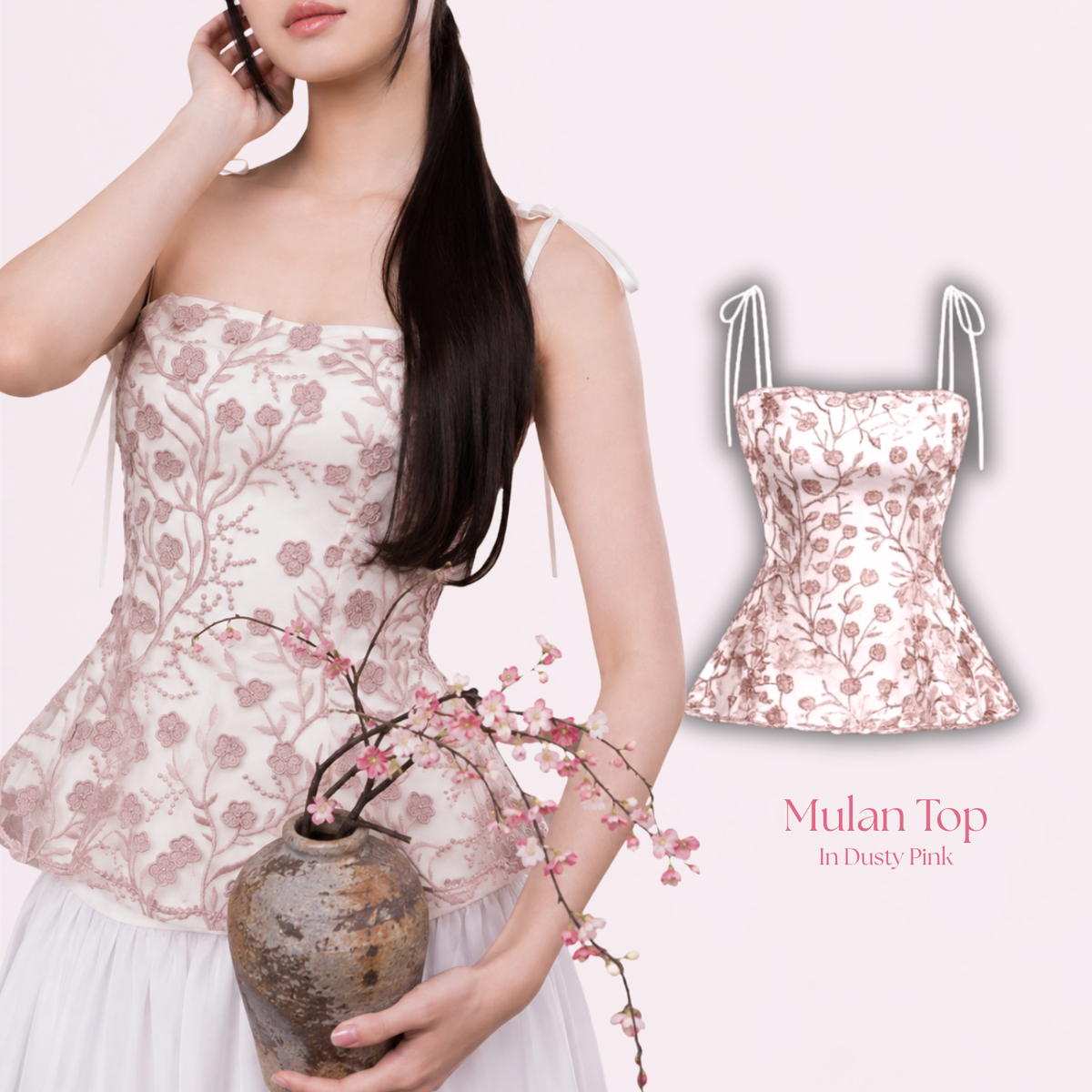 She Wears Sugar — Mulan Top | Tank Top Wanita Peplum Bordir Bunga Tulle Transparan Atasan Korea Coquette Outfit Kondangan Brunch