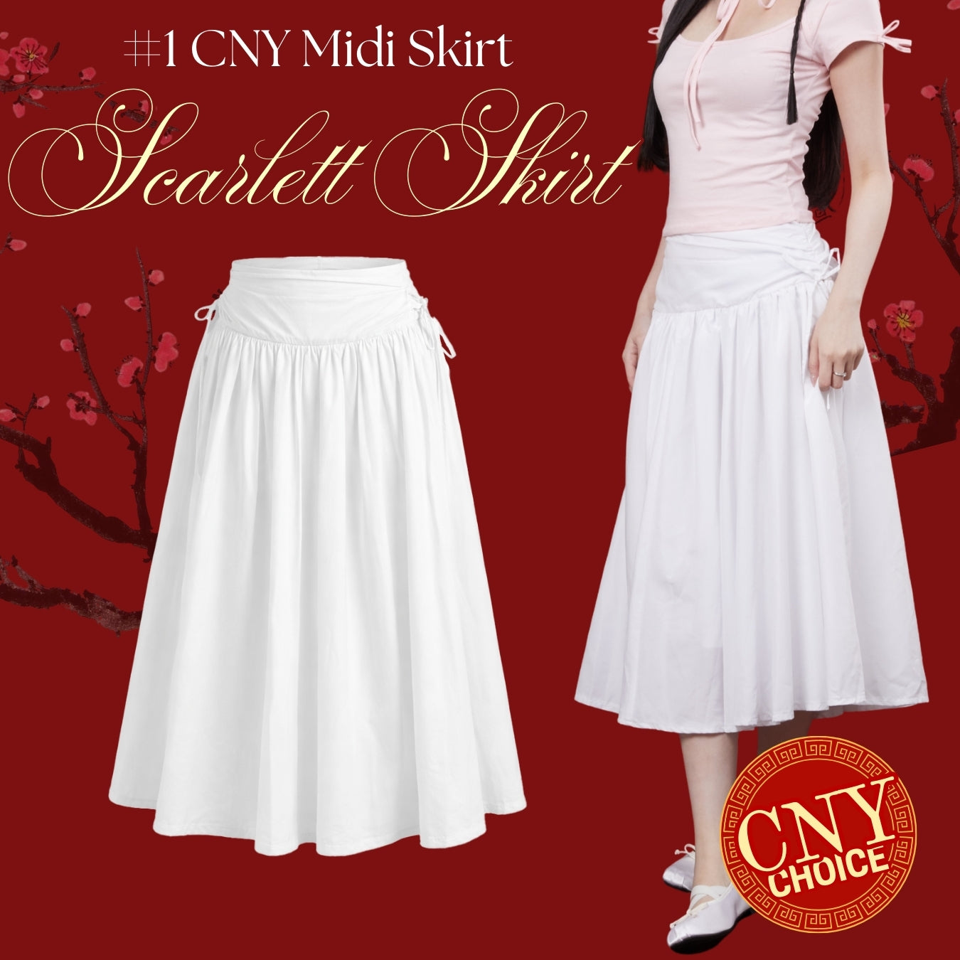 She Wears Sugar – Scarlett Skirt | Wanita Midi Ruffle Skirt Polycotton Side Ribbon