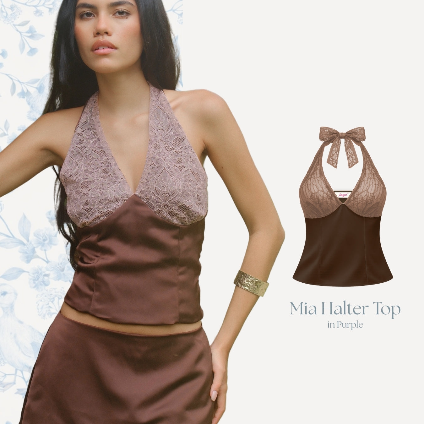 She Wears Sugar x Isabella – Mia Halter Top | Halter Top Wanita Satin Lace Baju Fit Body Atasan Cewe