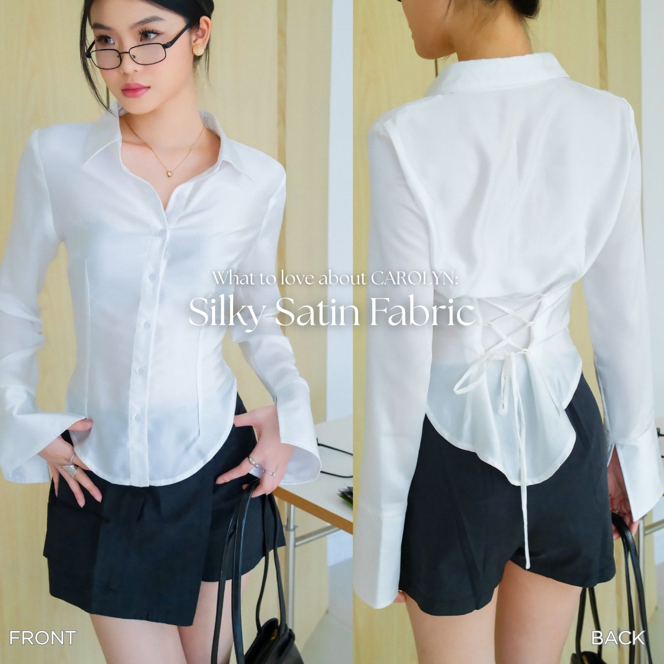 She Wears Sugar – Miranda Shirt | Kemeja Wanita Fitted Shirt Satin Atasan Wanita Korean Style Baju Atasan Wanita Terbaru Fit Body