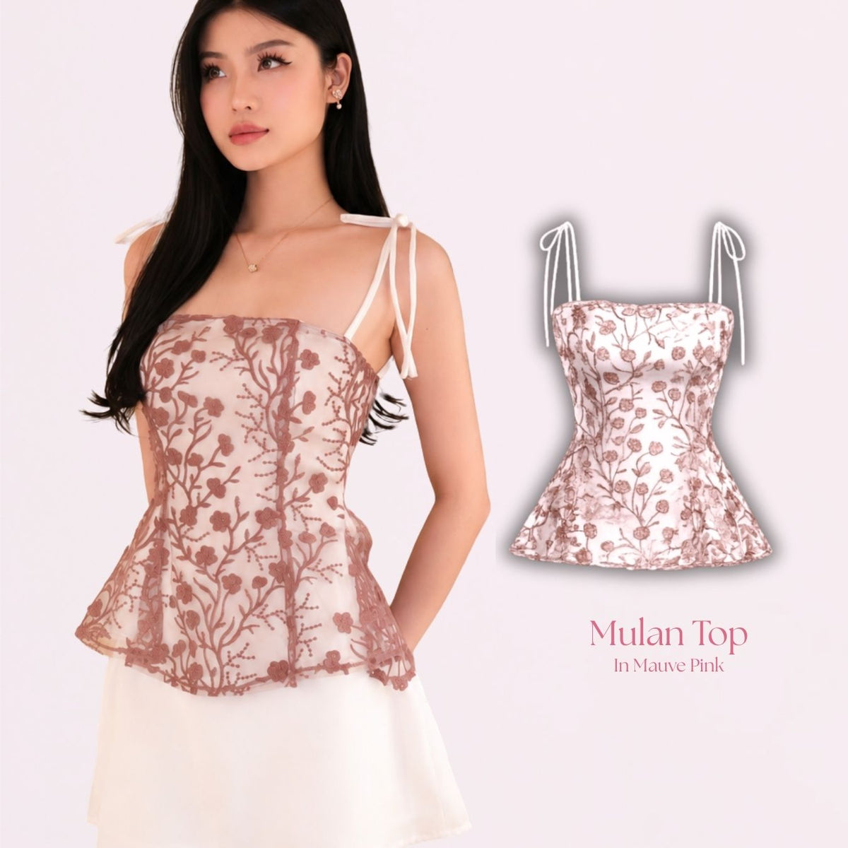 She Wears Sugar — Mulan Top | Tank Top Wanita Peplum Bordir Bunga Tulle Transparan Atasan Korea Coquette Outfit Kondangan Brunch