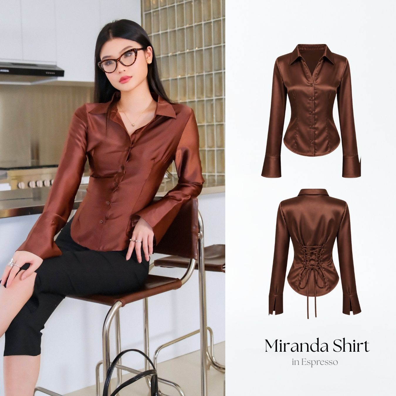 She Wears Sugar – Miranda Shirt | Kemeja Wanita Fitted Shirt Satin Atasan Wanita Korean Style Baju Atasan Wanita Terbaru Fit Body