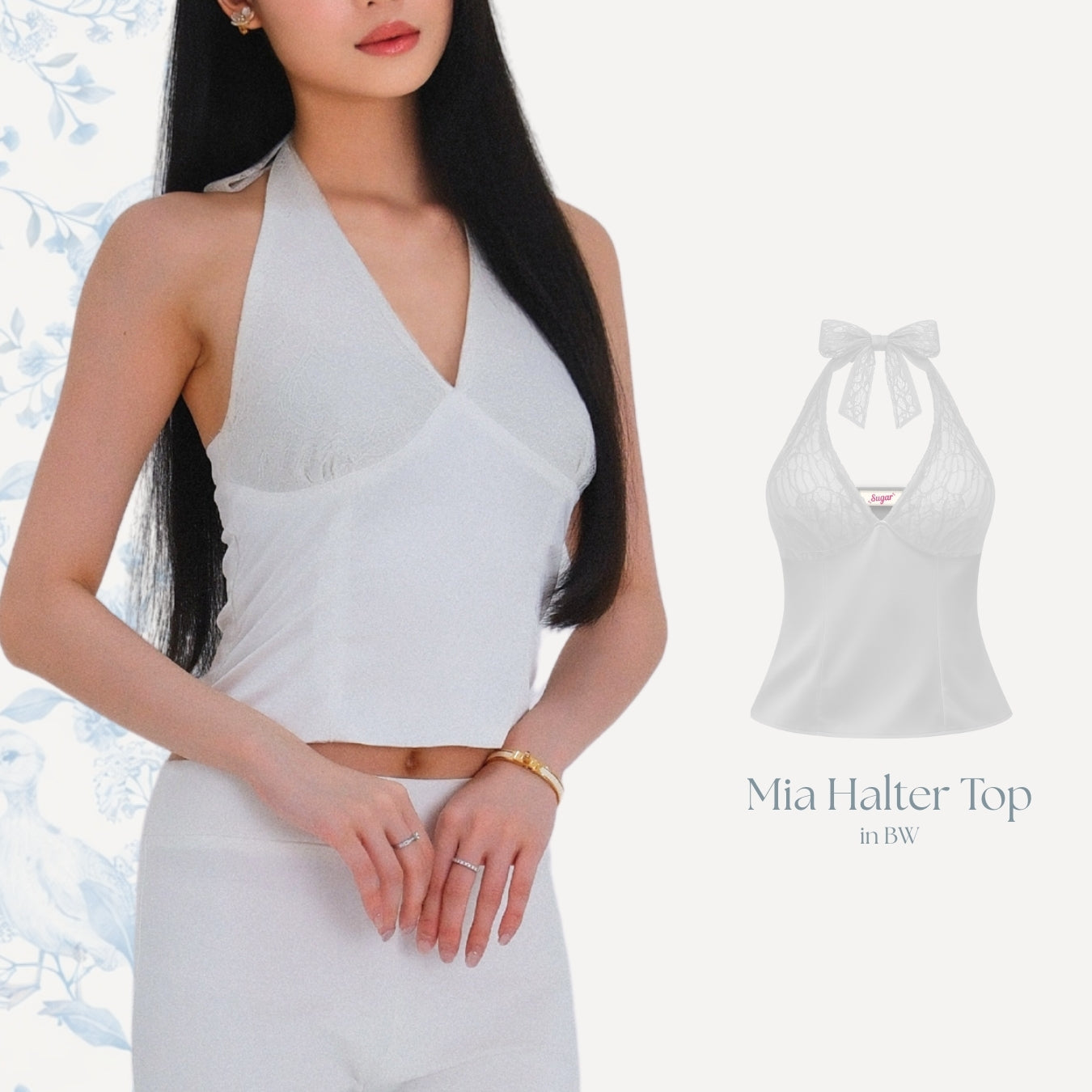 She Wears Sugar x Isabella – Mia Halter Top | Halter Top Wanita Satin Lace Baju Fit Body Atasan Cewe