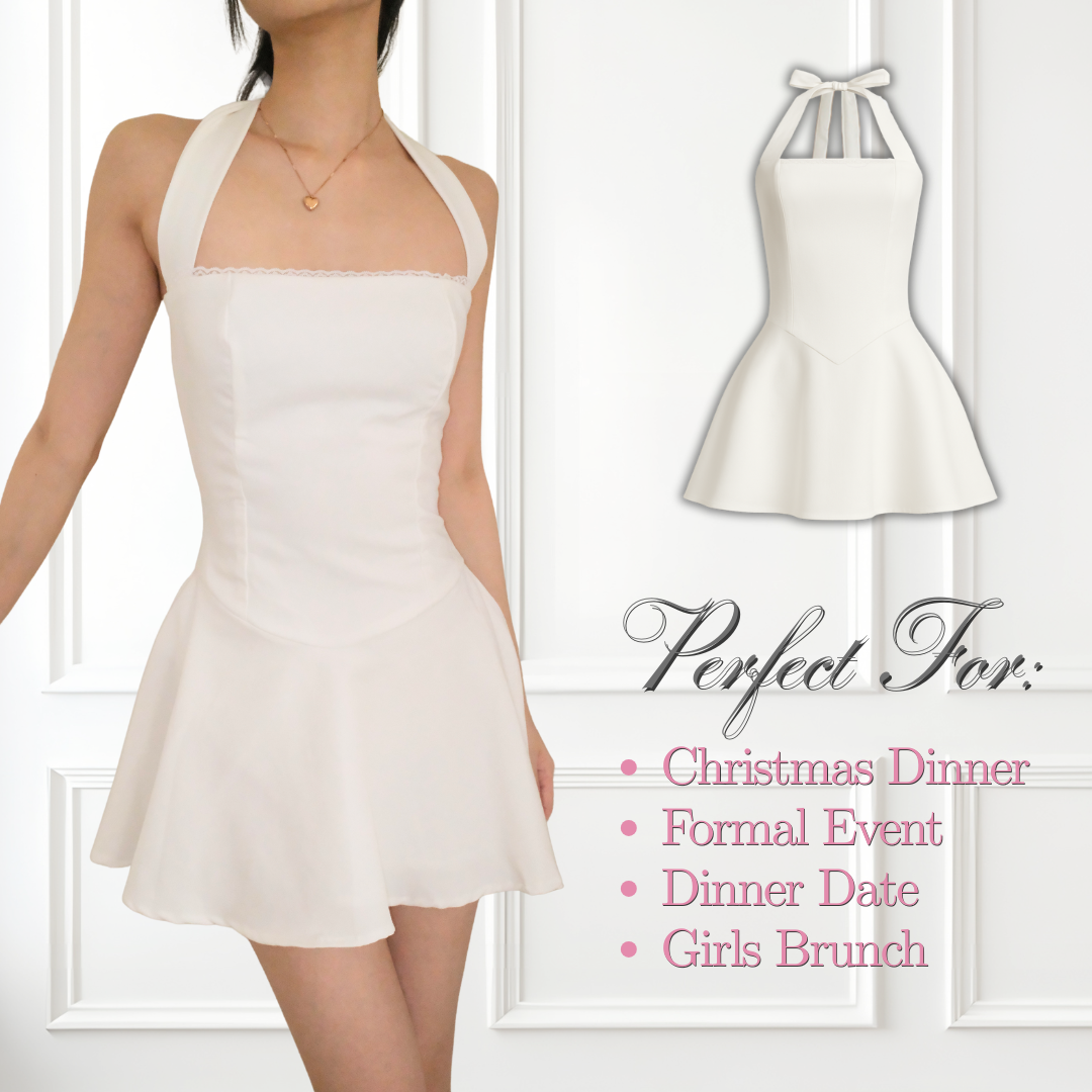 SHEWEARSSUGAR -- Winter Dress – Halter Mini Dress Wanita | Backless Party Dress | Christmas & Dinner Outfit | Coquette | Outfit Formal