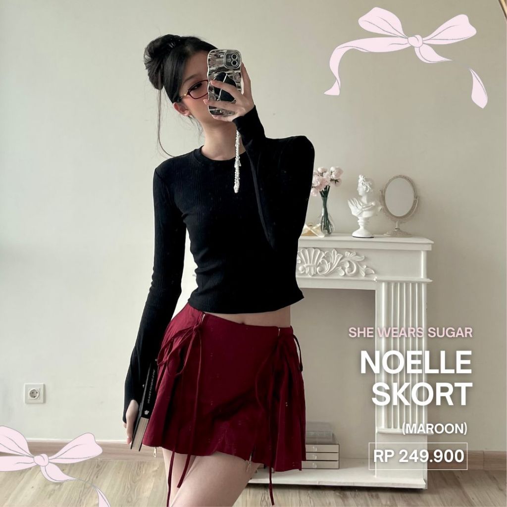 SHEWEARSSUGAR Noelle Ribbon Skort | Rok Wanita | Rok Pendek | Rok Casual | Rok Tenis | Valentine Outfit | Rok Hitam | Rok Pink | Rok Lucu | Korean Skirt | Valenting Outfit