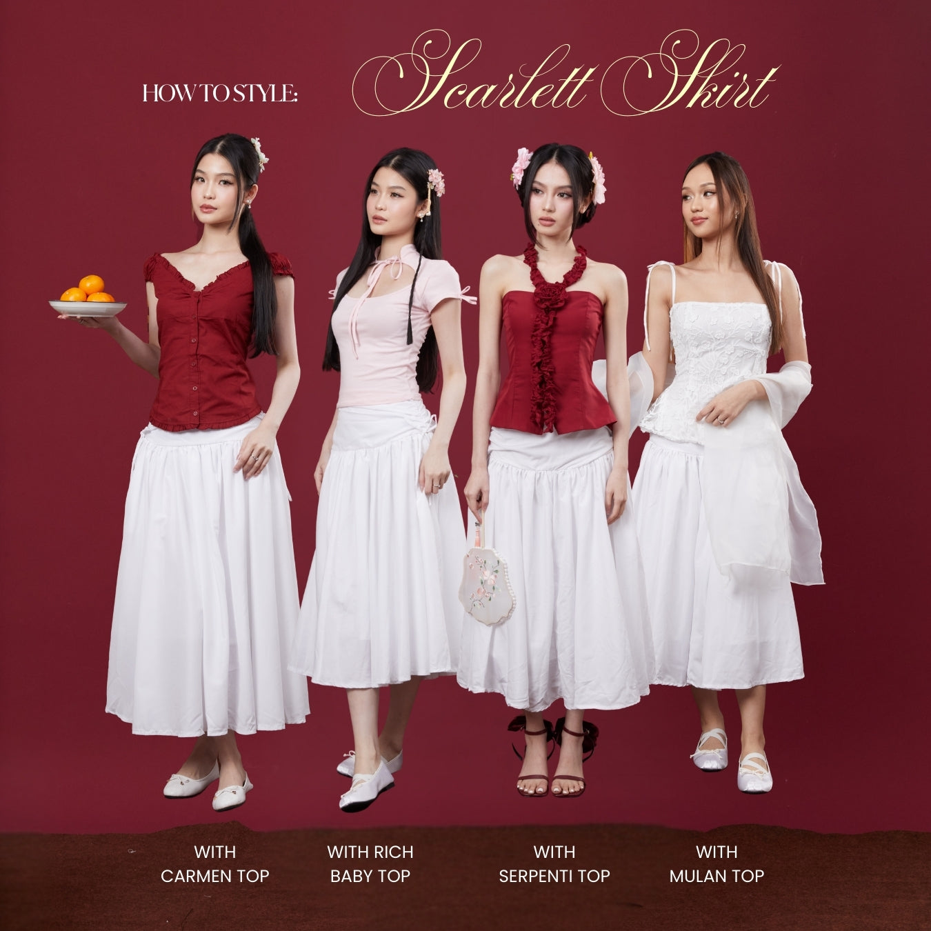 She Wears Sugar – Scarlett Skirt | Wanita Midi Ruffle Skirt Polycotton Side Ribbon