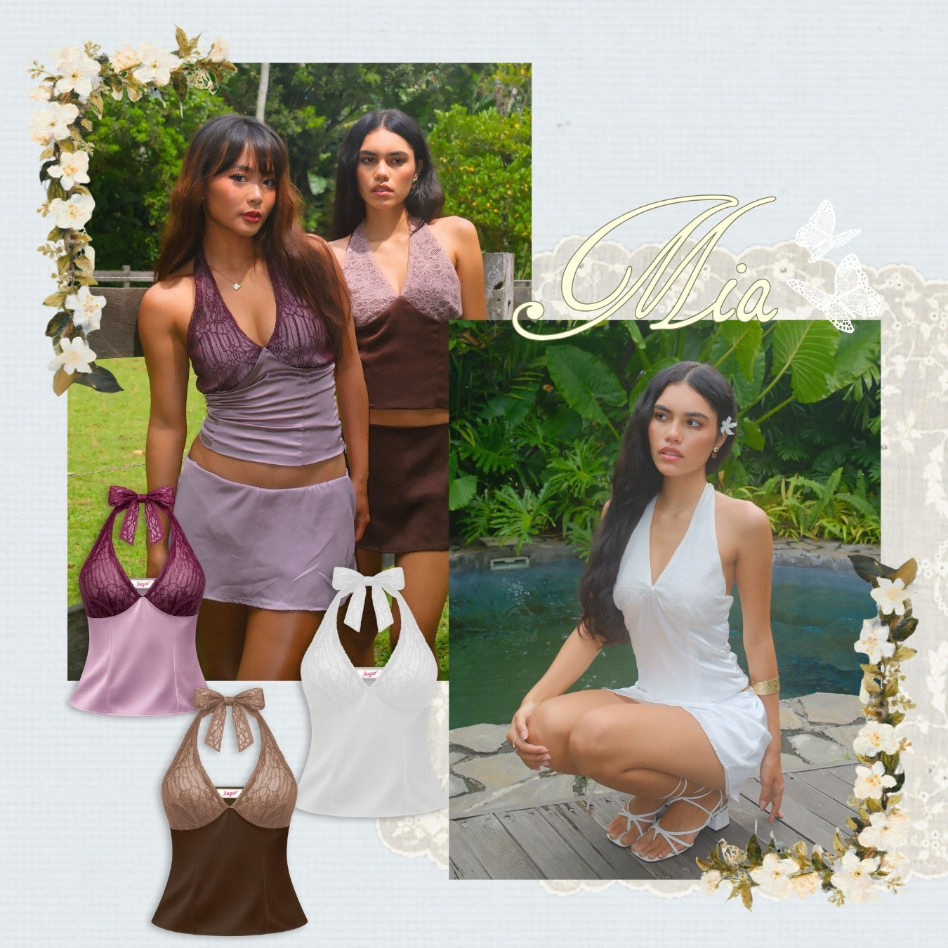 She Wears Sugar x Isabella – Mia Halter Top | Halter Top Wanita Satin Lace Baju Fit Body Atasan Cewe