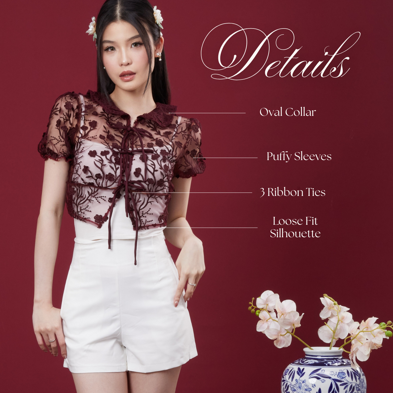 She Wears Sugar – Empress Cardigan | Top Wanita Tulle Bordir Puff Sleeve Loose Fit Ribbon Detail
