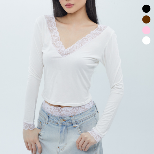 She Wears Sugar – Kimi Top | Atasan Wanita Long Sleeve V Neck Lace Top Baju Atasan Wanita Terbaru Korean Style Fit Body