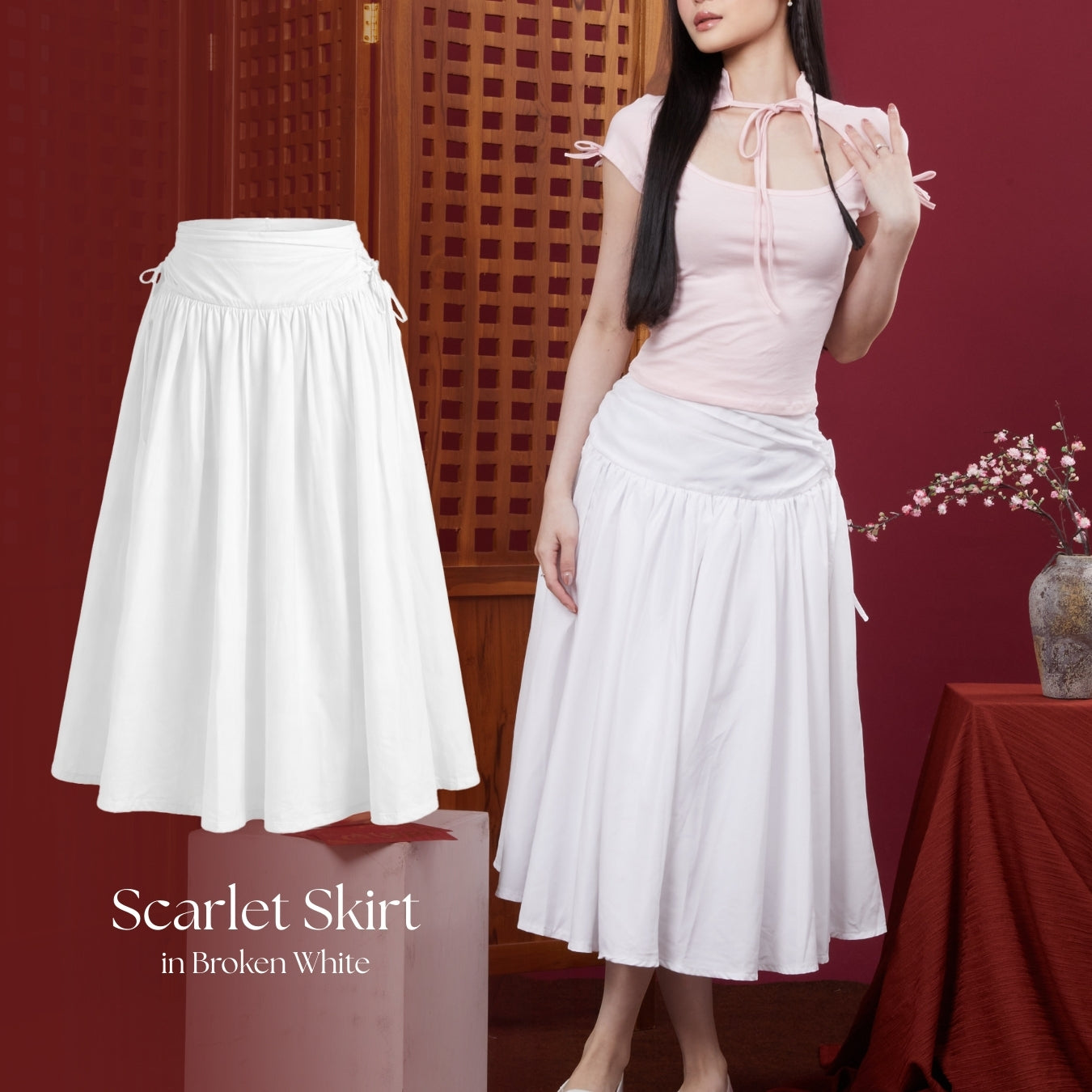 She Wears Sugar – Scarlett Skirt | Wanita Midi Ruffle Skirt Polycotton Side Ribbon