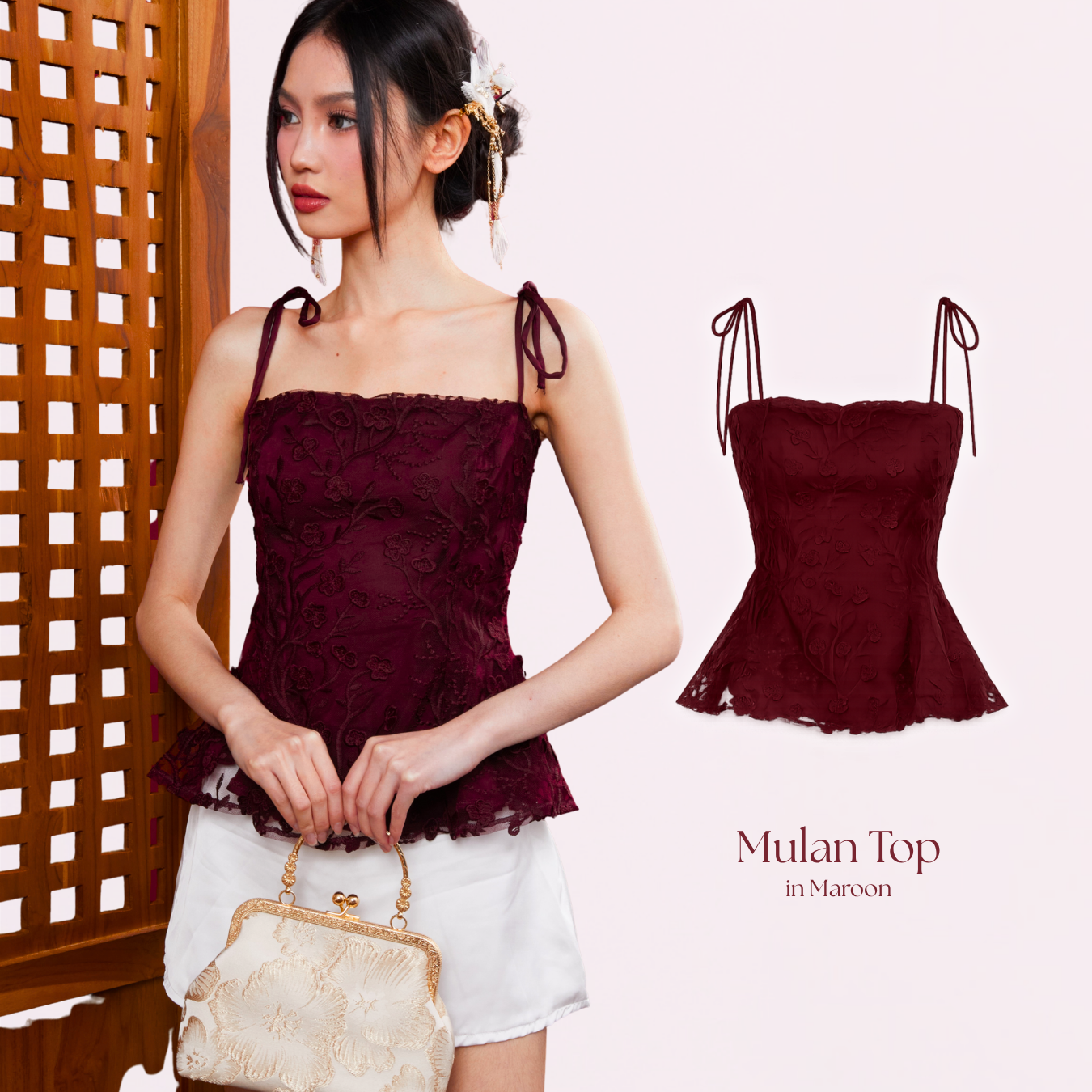 Shewearssugar – Mulan Top | Peplum Tulle Bordir Adjustable Strap Wanita