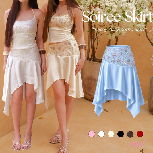 She Wears Sugar – Soiree Assymetric Skirt | Satin Skirt Asymmetrical Lace Detail Korean Style Coquette Outfit Rok