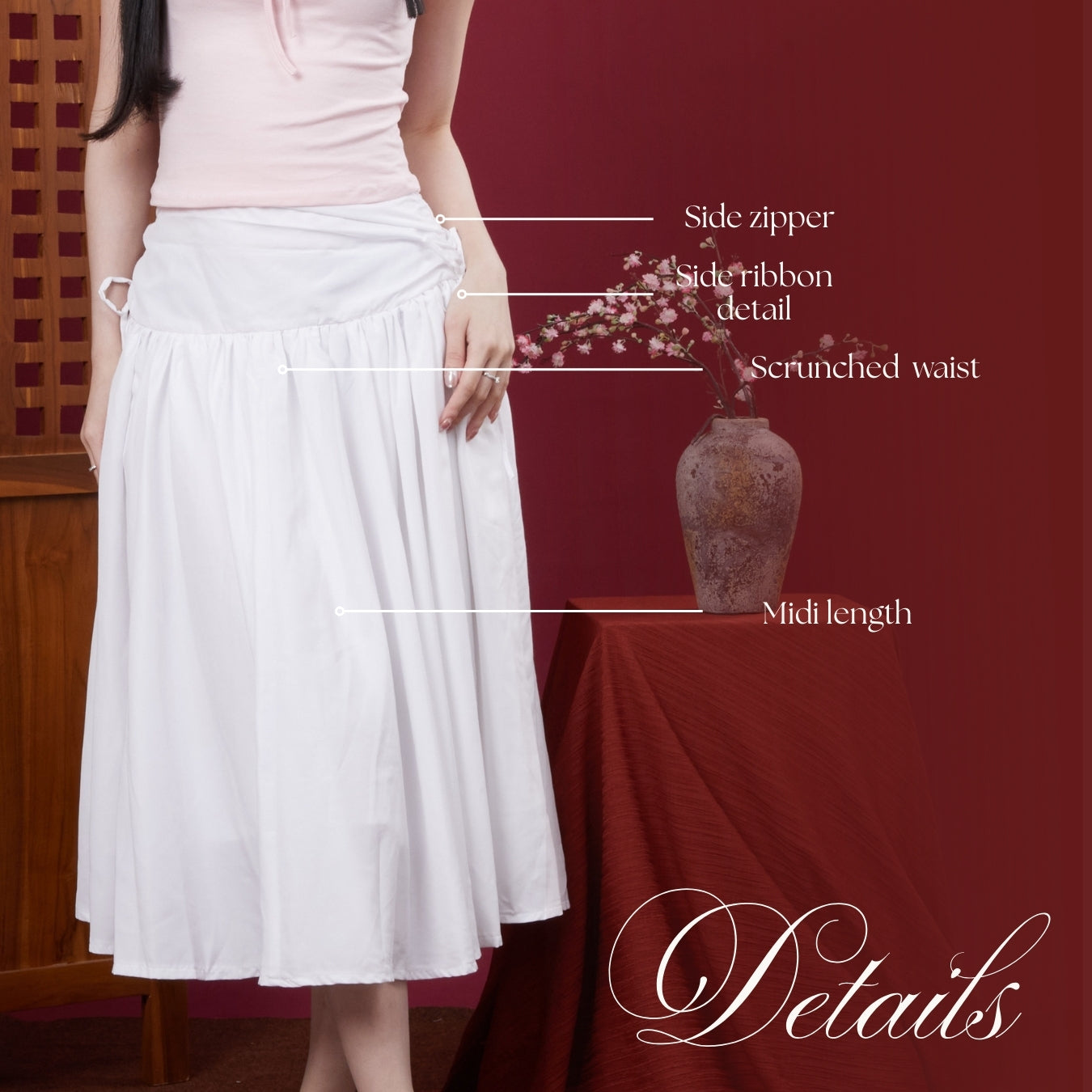 She Wears Sugar – Scarlett Skirt | Wanita Midi Ruffle Skirt Polycotton Side Ribbon